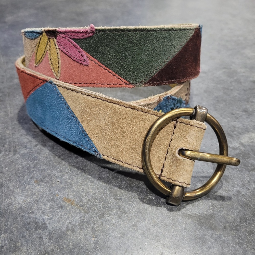 Lucky Brand Belt 32 Multicolor Suede Floral Embroidered Patchwork Boho Hippie